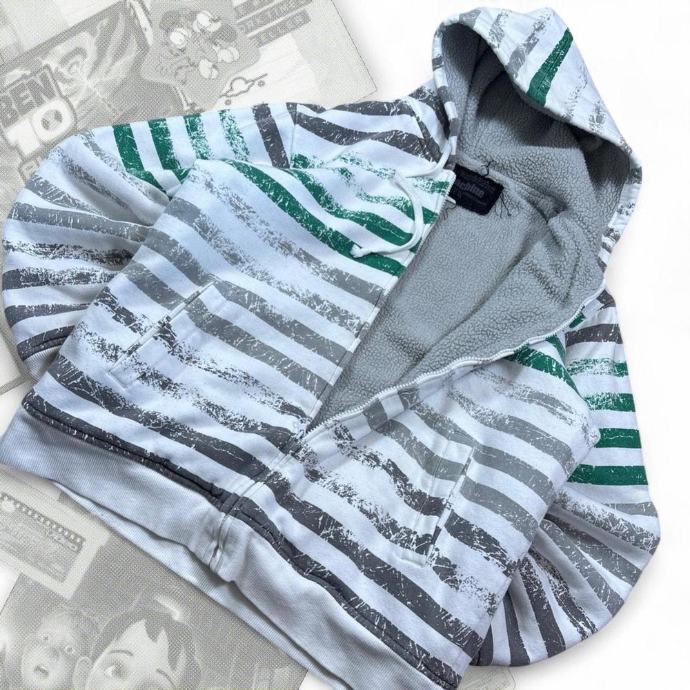 Vintage Y2K Skater Grunge Machine White Striped Zip Up Sherpa Lined Hoodie